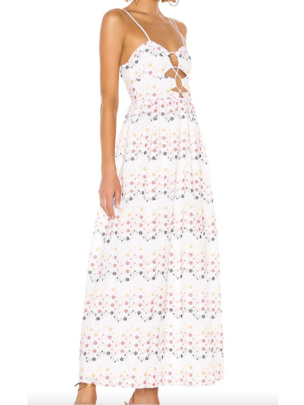 Tularosa Eloisa White Embroidered Cotton Eyelet Lace Up Front Maxi Dress XS